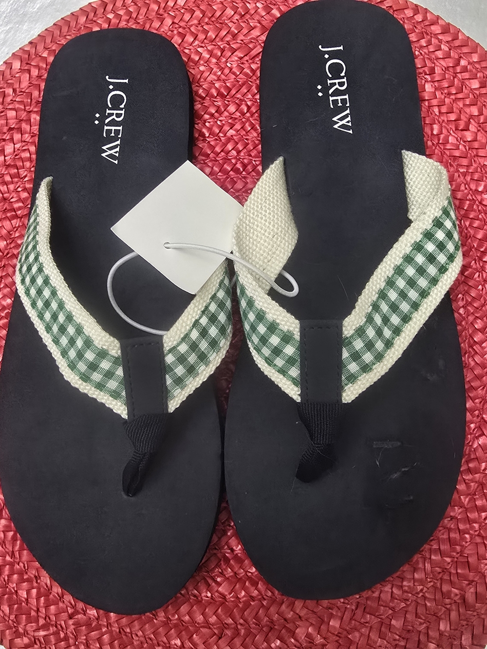 J.Crew Green Gingham Canvas Flip Flops